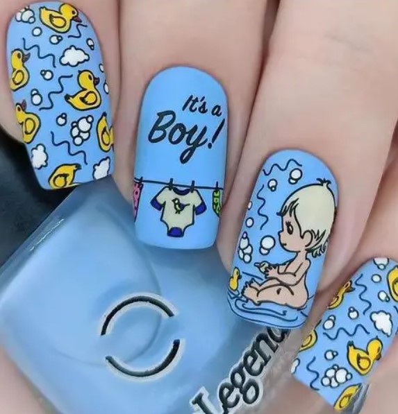Baby Boy blue nail art with duck designs