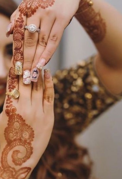 Bridal Nail Extensions with Groom's Picture