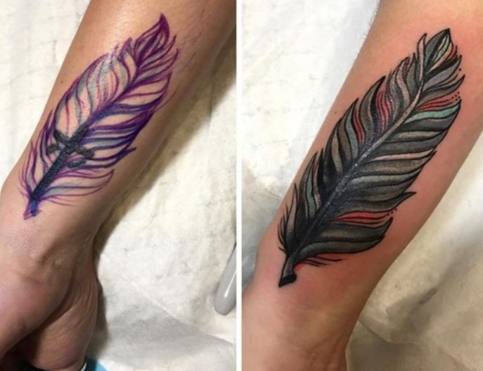 Colourful Feathers Hand Coverup Tattoo