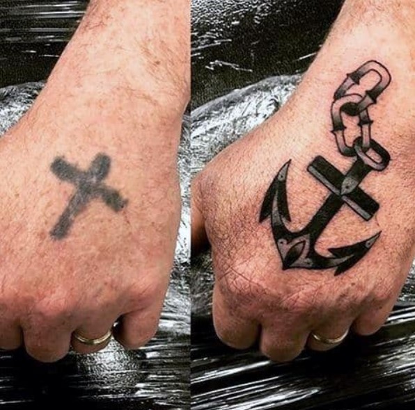 Cross Chained Hand Coverup Tattoo Design