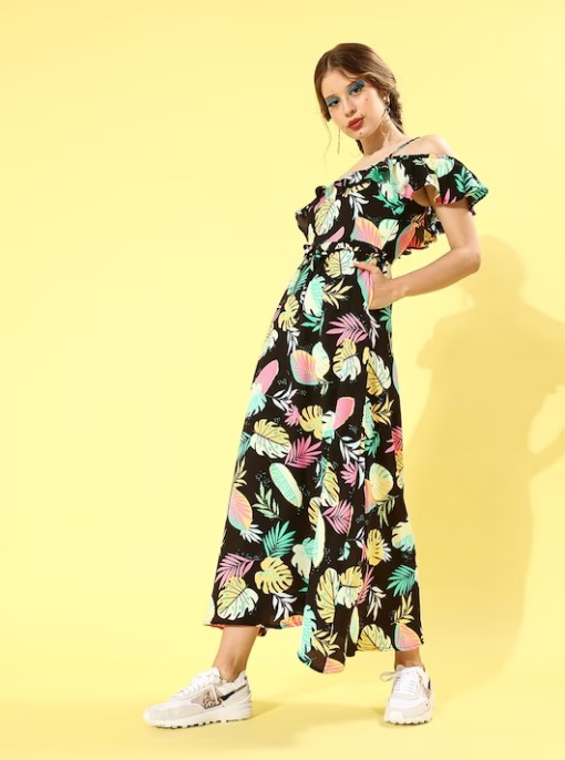 DressBerry Black & Multicoloured Floral Print Halter Neck Maxi Dress