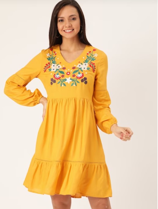 DressBerry Mustard Yellow Embroidered Detail A-Line Sustainable ECOVERO Dress