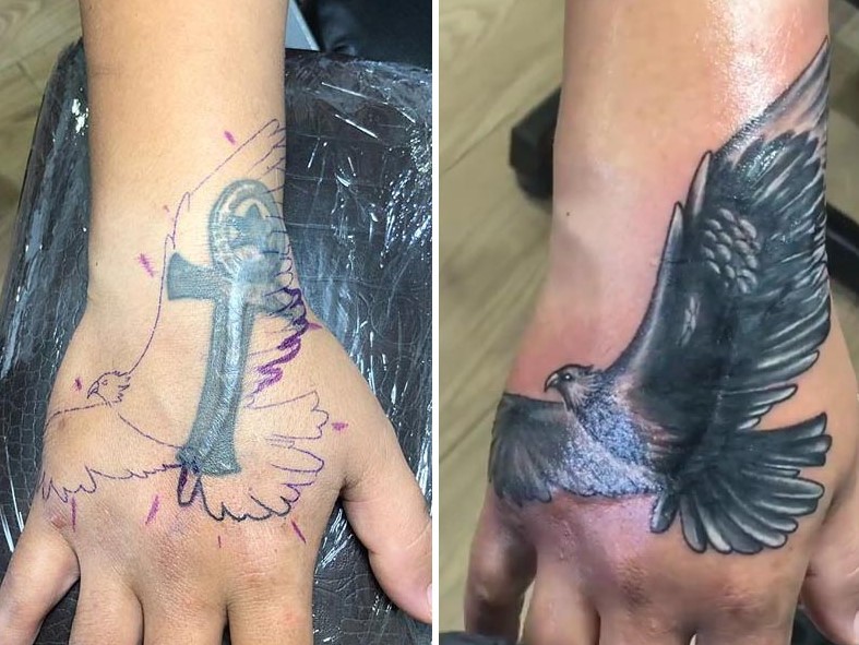 Eagle Coverup Tattoo on Hand and Wrist