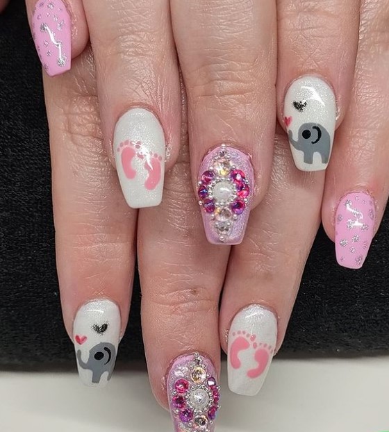 Elephants and Jewels Baby Shower Nail Design