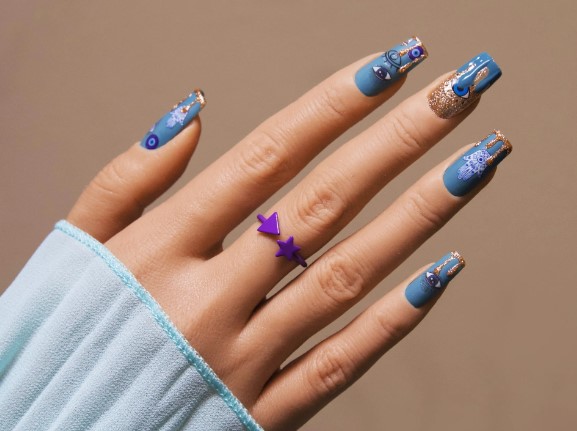 Evil Eye Nail Stickers with Glittery Waterfall