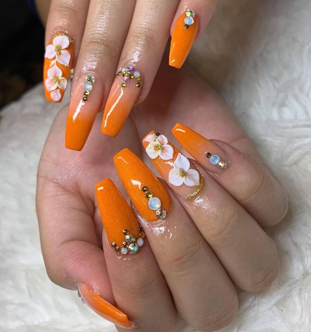 Floral Orange Wedding Nail Designs