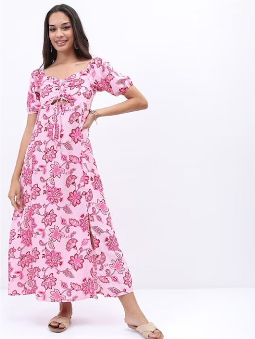 Floral Printed Ruched Tie-Up Maxi Dress