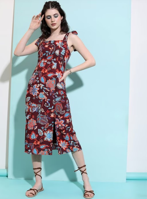 Floral Printed Shoulder Straps Fit & Flare Midi Dress