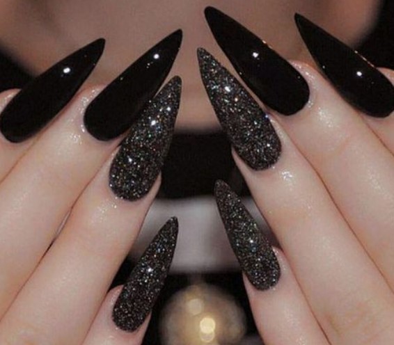 Glittery Black Pointed Nail Extensions