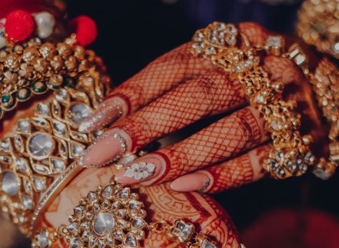 Glittery Studded Wedding Nail Art