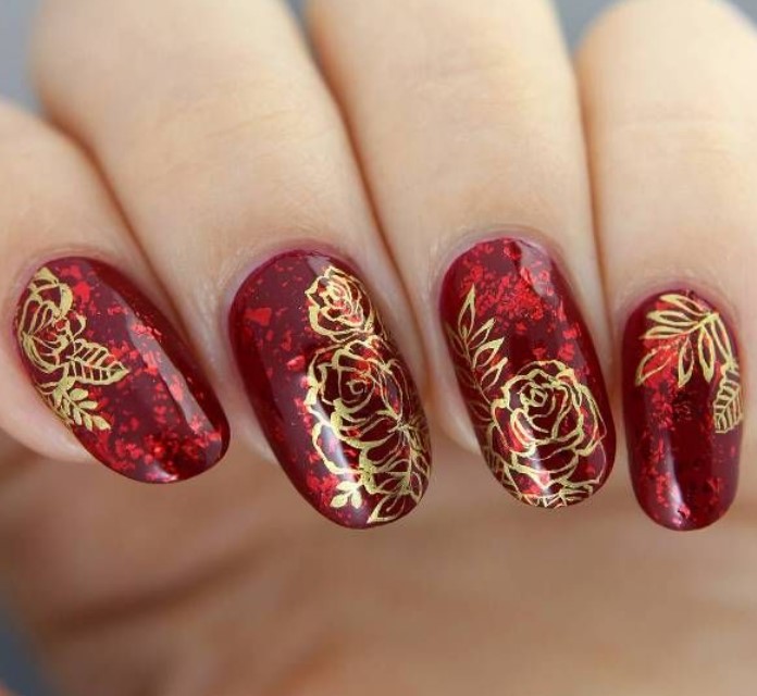 Gloden Flowers on Luminous Red Nail Paint