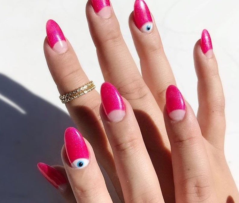 Hot Pink French Tip with Evil Eye Nail Art