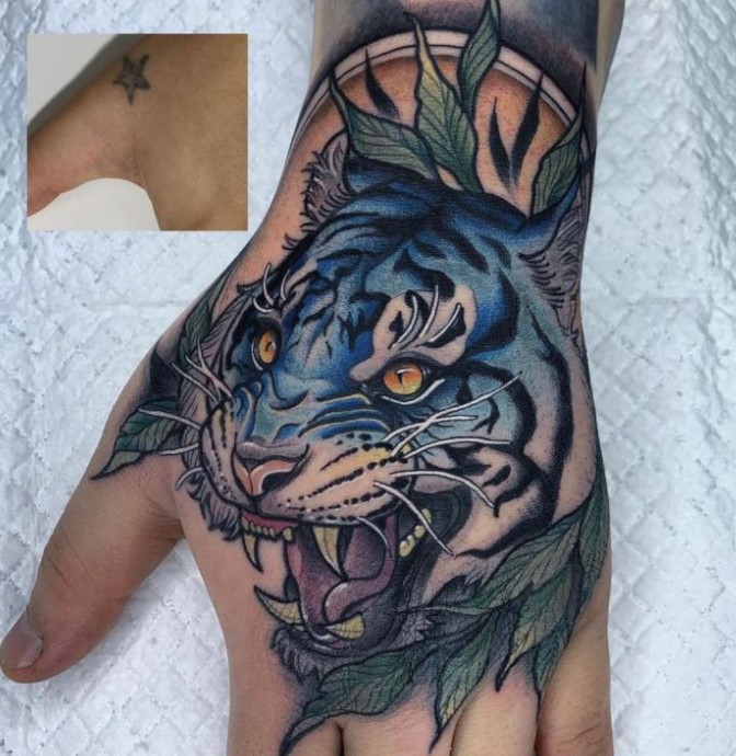 Lion Coverup Tattoo for Wrist and Hand
