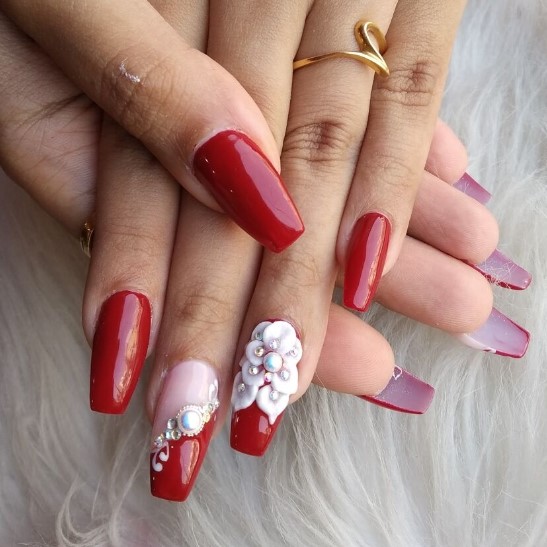 Long Coffin Shaped Bridal Nails with Floral Studs