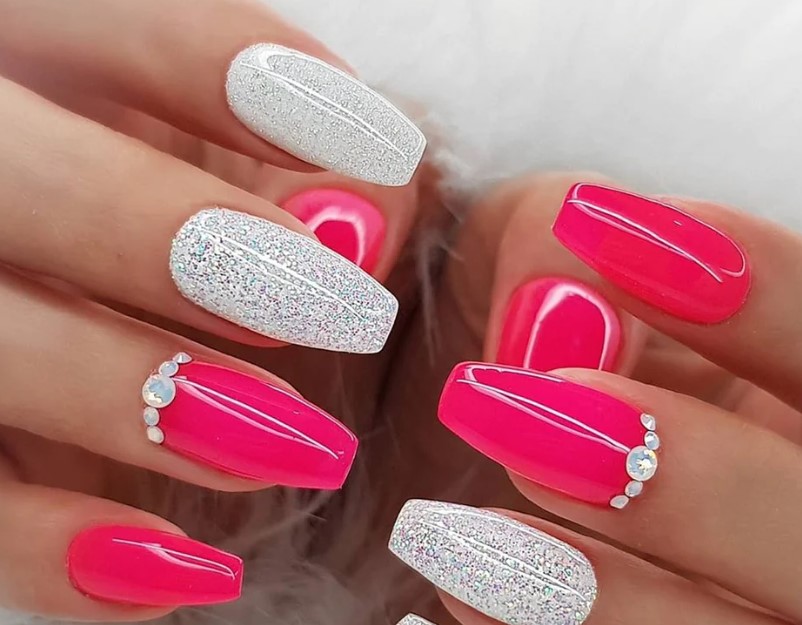 Pink White Gel Wedding Nail Art
