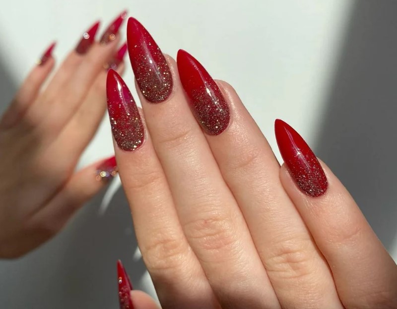 Pointed Red Glittery Wedding Nail Art