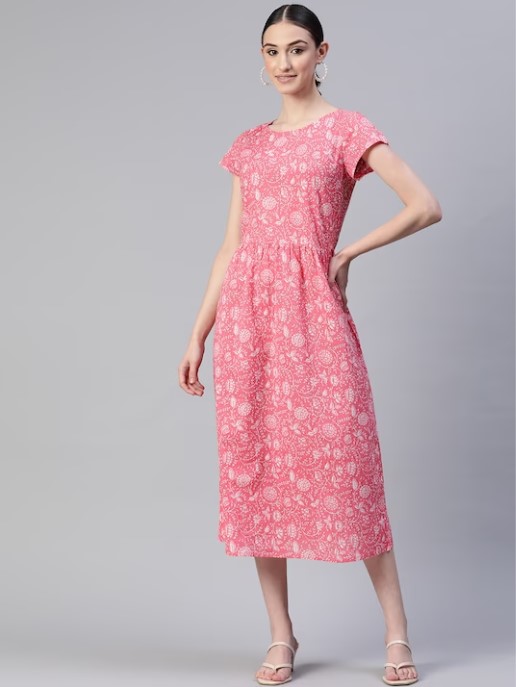 Popnetic Floral Printed Cotton A-Line Dress