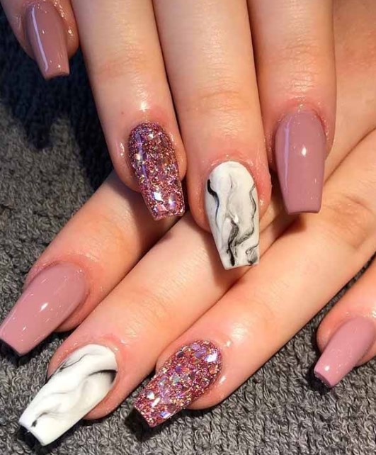 Rectangle Shaped Bridal Nail Extensions with 3D Marbles