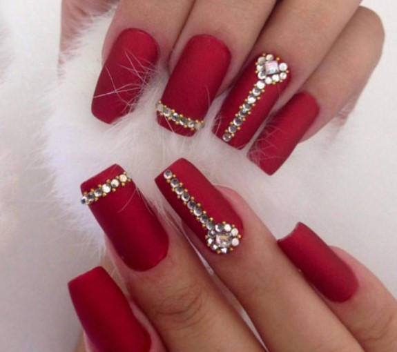 Rectangle Shaped Matte Red Stones Studded Nail Extensions