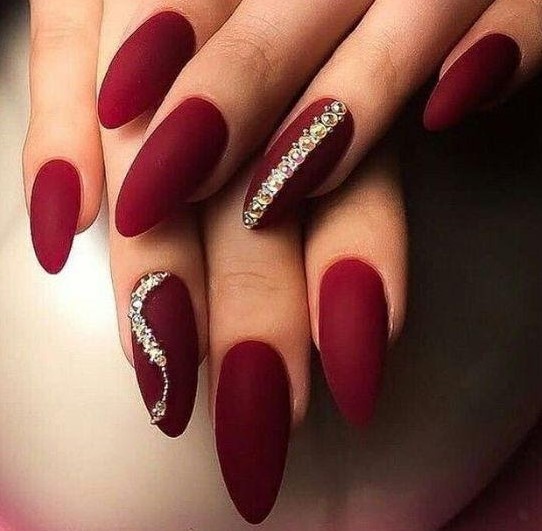 Red Matte Pointed Nail Extensions with Rhinestones
