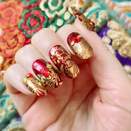 Red and Gold Glossy Bridal Nail Extension