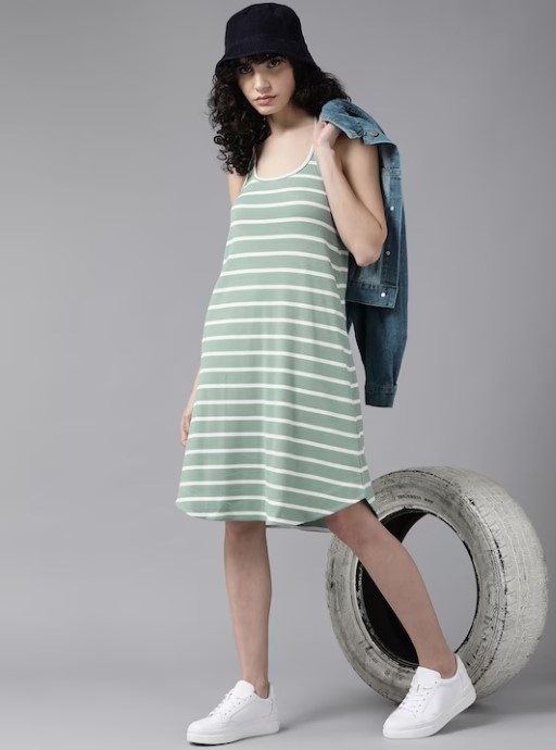 Roadster Sage Green & White Striped A-Line Dress