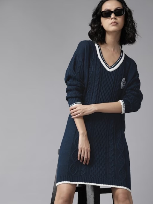 Roadster The Lifestyle Co. Navy Blue Acrylic Cable Knit Sweater Dress
