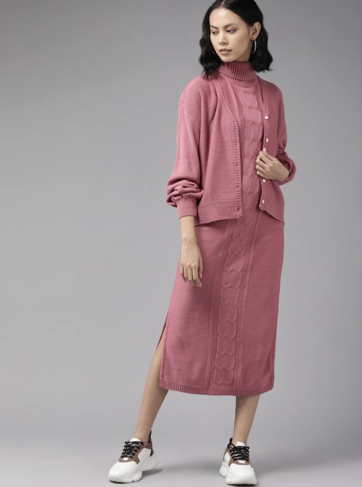 Roadster The Lifestyle Co. Pink High Neck Knitted Midi Jumper Dress