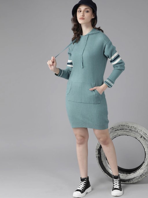 Roadster The Lifestyle Co. Women Blue Self-Striped Jumper Dress