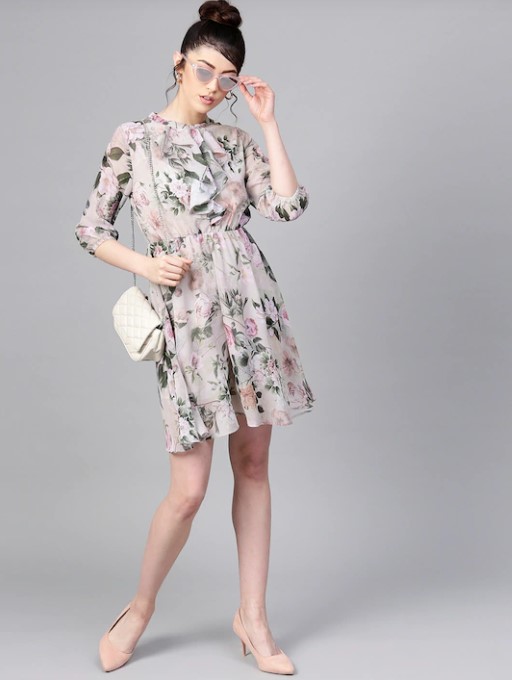 SASSAFRAS Grey & Green Floral Print Fit and Flare Dress