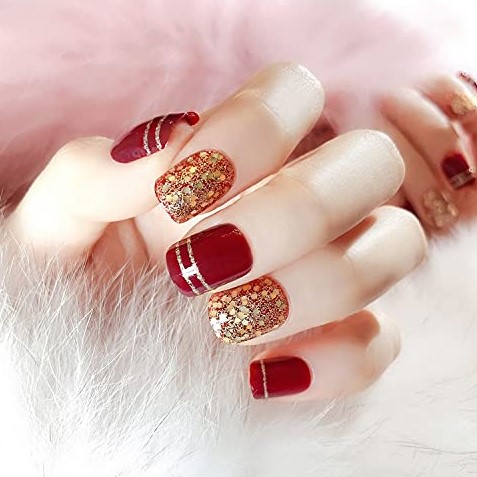 The Square Shaped Nail Extensions With Glitter
