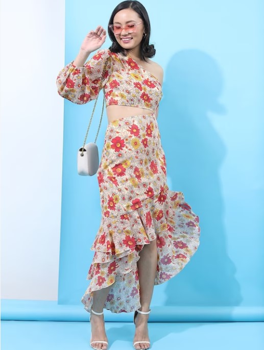 Tokyo Talkies Puff Sleeves Floral High-Low Maxi Dress