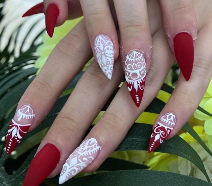 White Lace on Red Matte Wedding Nail Art
