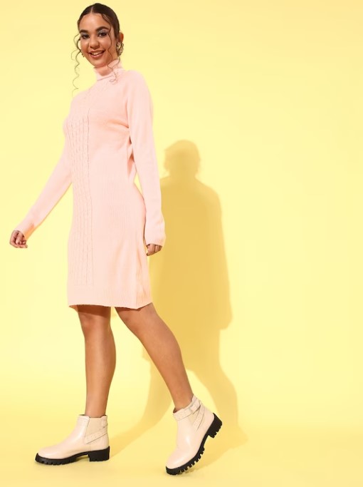 ether Women Pink Self- Designed Jumper Dress